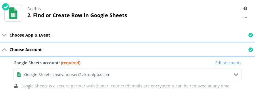 Zapier Tutorial - Call Received to Google Sheets - Select Google Account