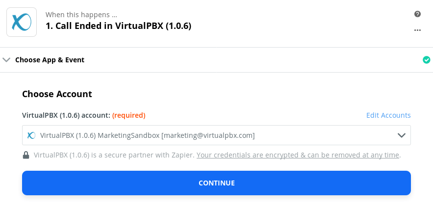 Zapier Tutorial - Slack Notifications - Select VirtualPBX Account