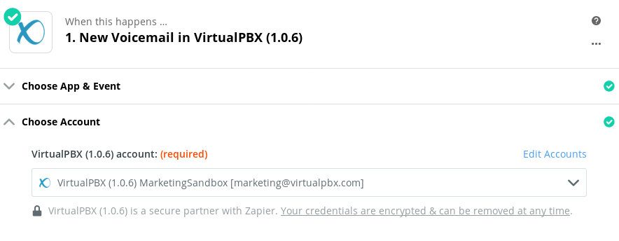 Zapier Tutorial - Voicemail Received to Google Sheets - Select VirtualPBX Account