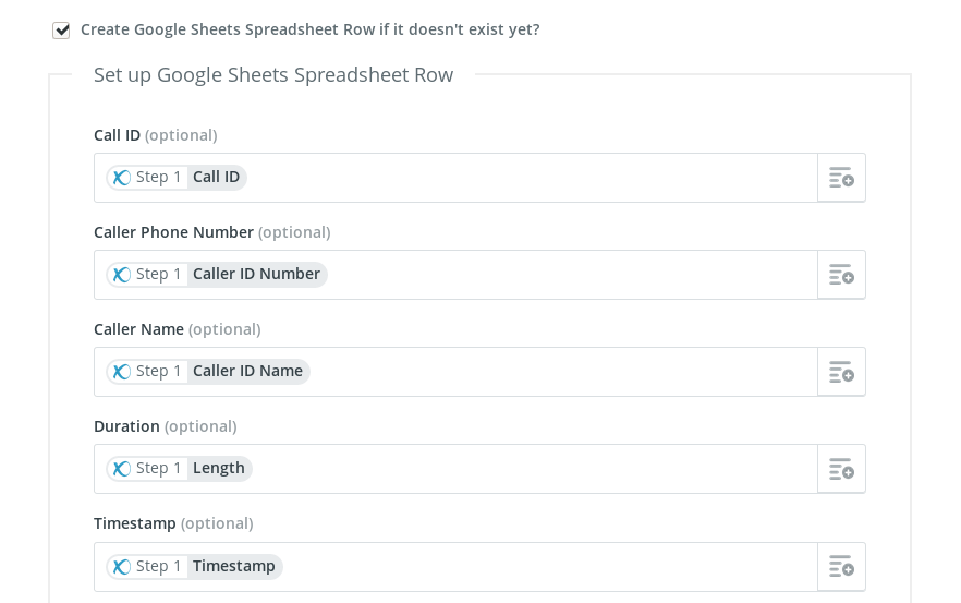 Zapier Tutorial - Voicemail Received to Google Sheets - Mapping of Variables
