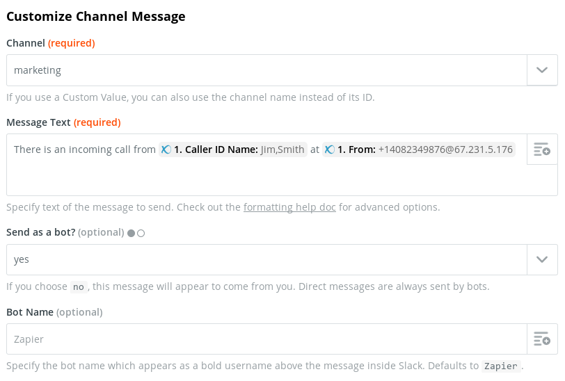 Zapier Tutorial - Zapier Slack Notifications - Message Options