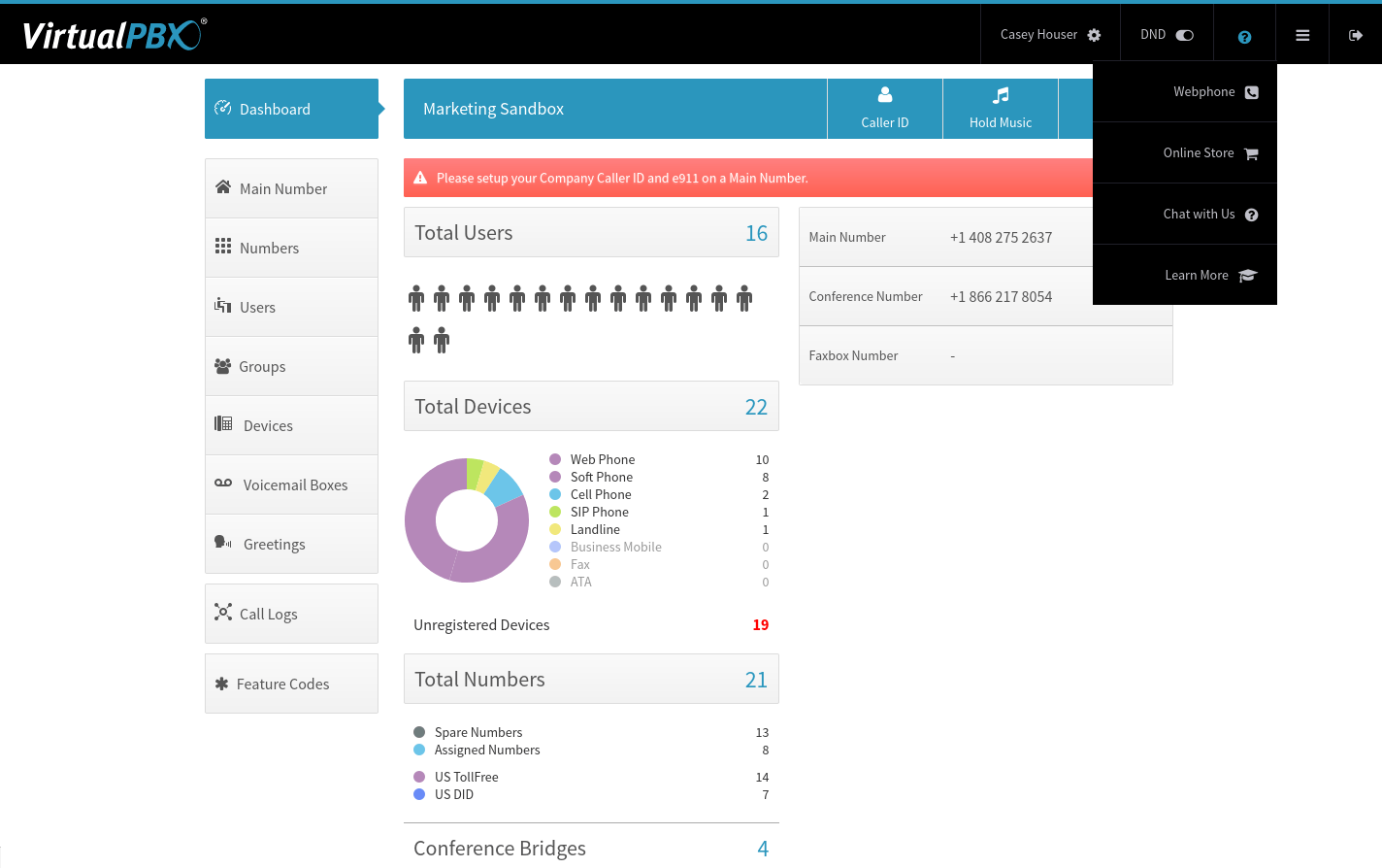 VirtualPBX Dashboard