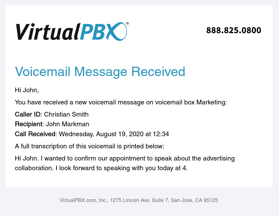 VirtualPBX Voicemail Email Notification Example