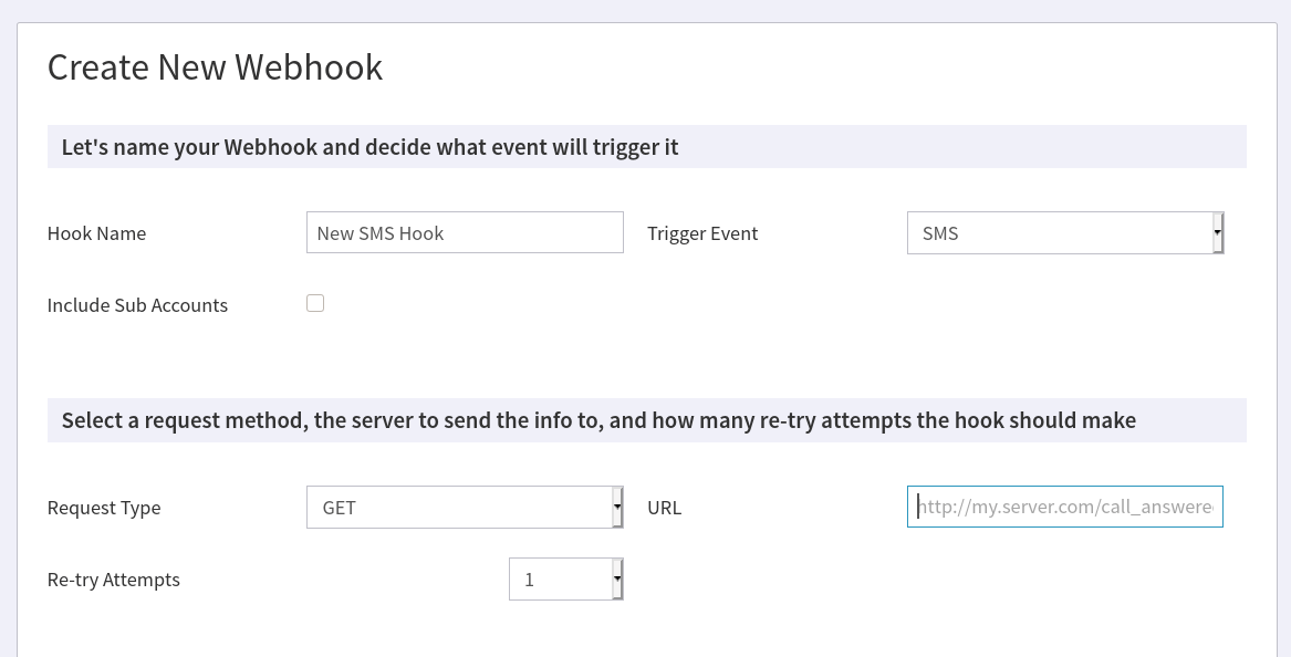 VirtualPBX Webhooks Configure Screen