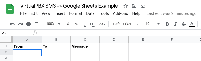 Zapier SMS Example - Google Sheets - Preview of Sheet Columns