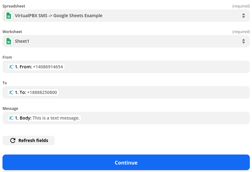 Zapier SMS Example - Google Sheets Action - Fields All Filled