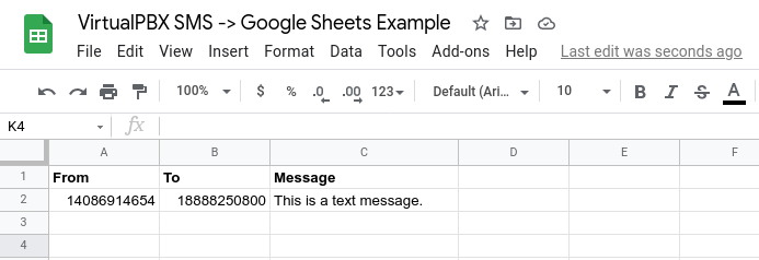 Zapier SMS Example - Google Sheets - Sheet Fields Populated