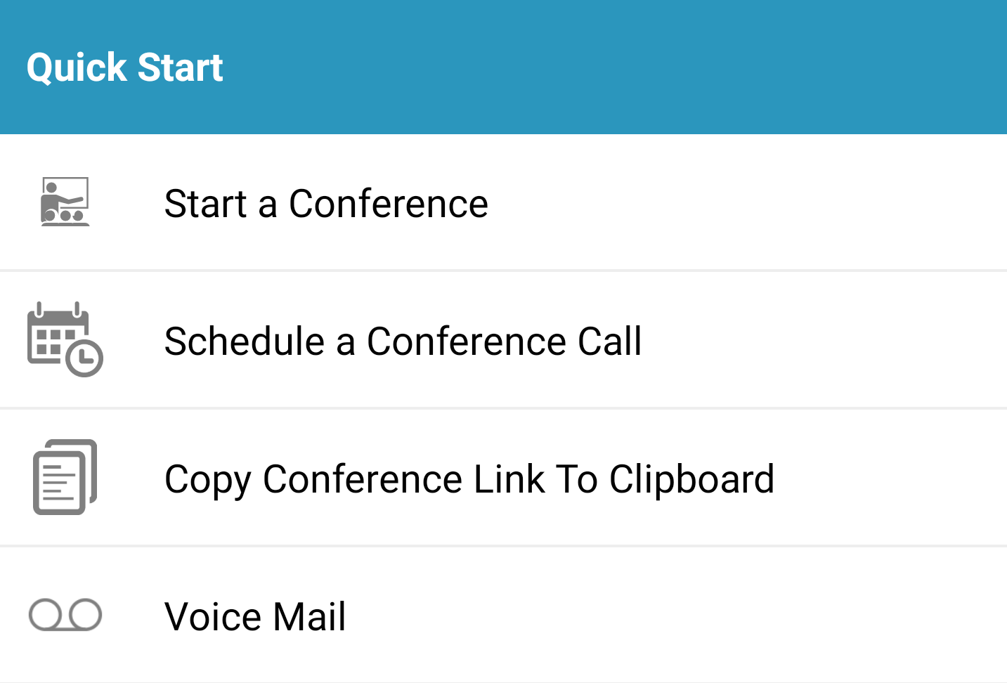 VirtualPBX Mobile Softphone -- Start Video Conference Options Menu