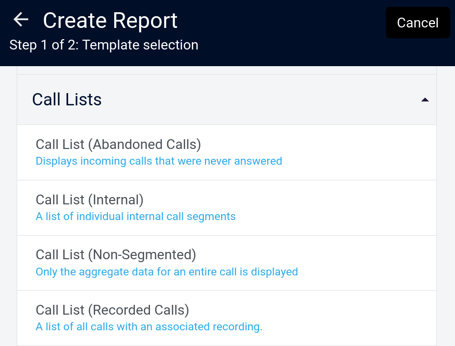 VirtualPBX Advanced Call Reports - Call List Recorded Calls Report Type Menu
