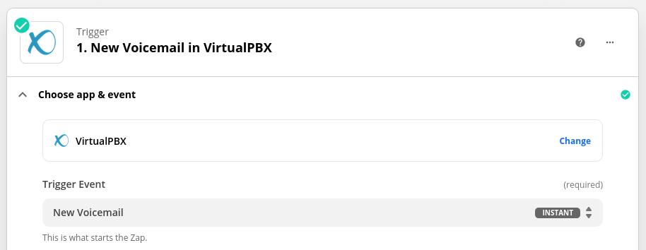 VirtualPBX Zapier Voicemail Received Trigger