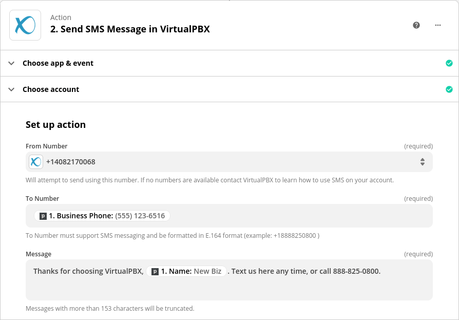 Zapier VirtualPBX App - Send SMS Example