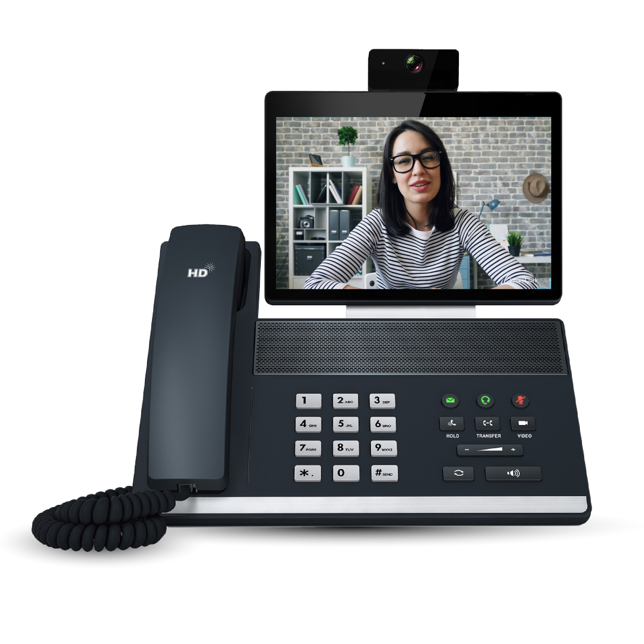 A premium black IP desk phone displaying a live high-definition video conference on a crisp central screen.