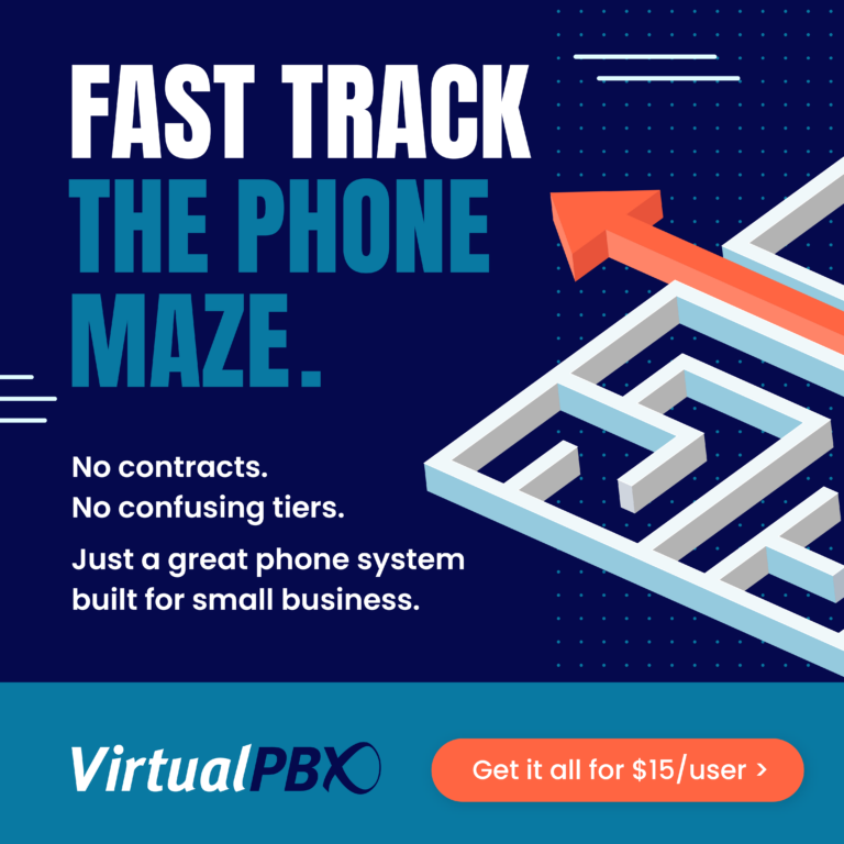Orange arrow cutting through a maze, illustrating a simpler path to business phone service with one plan and no contracts.