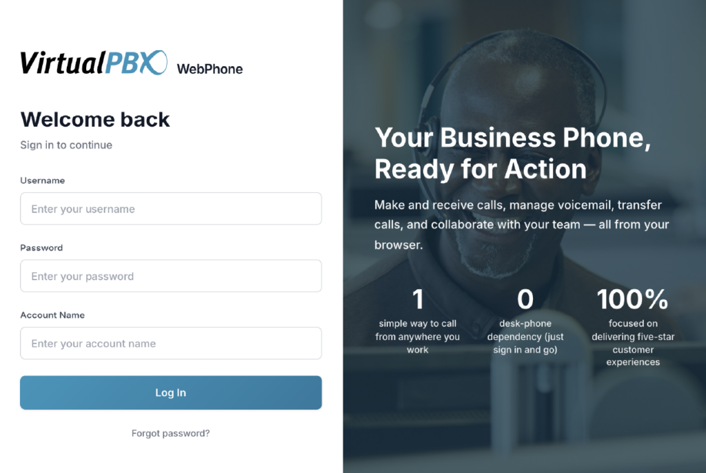 VirtualPBX Business Phone Web Phone browser pbx portal login