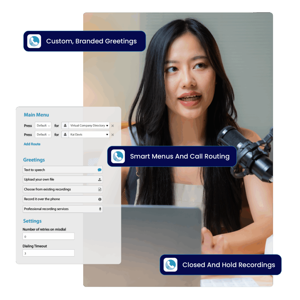 VirtualPBX Business Phone virtual receptionist with phone menus, greetings, music, and more