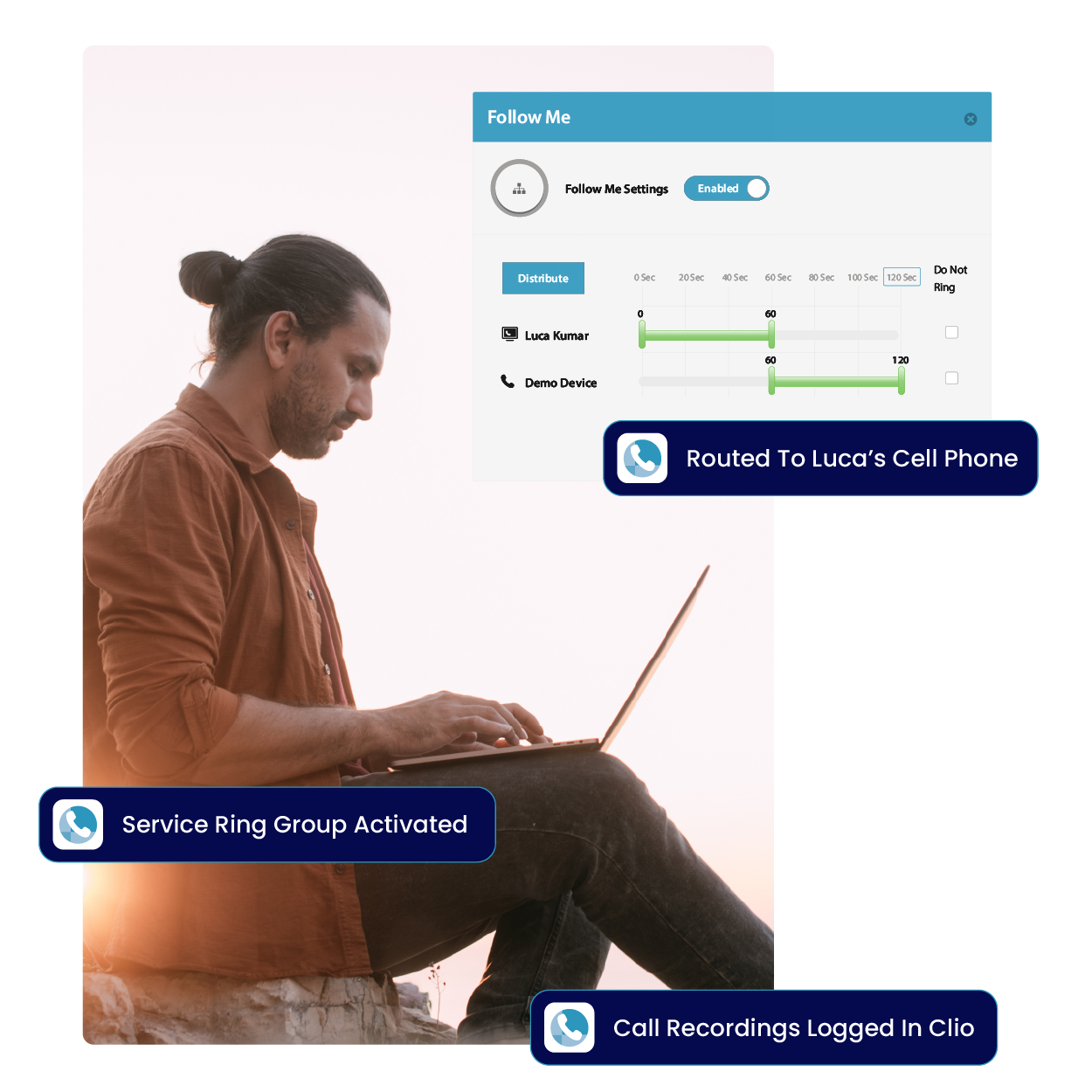 Remote professional working on laptop with Follow Me routing and Clio call recording overlays.