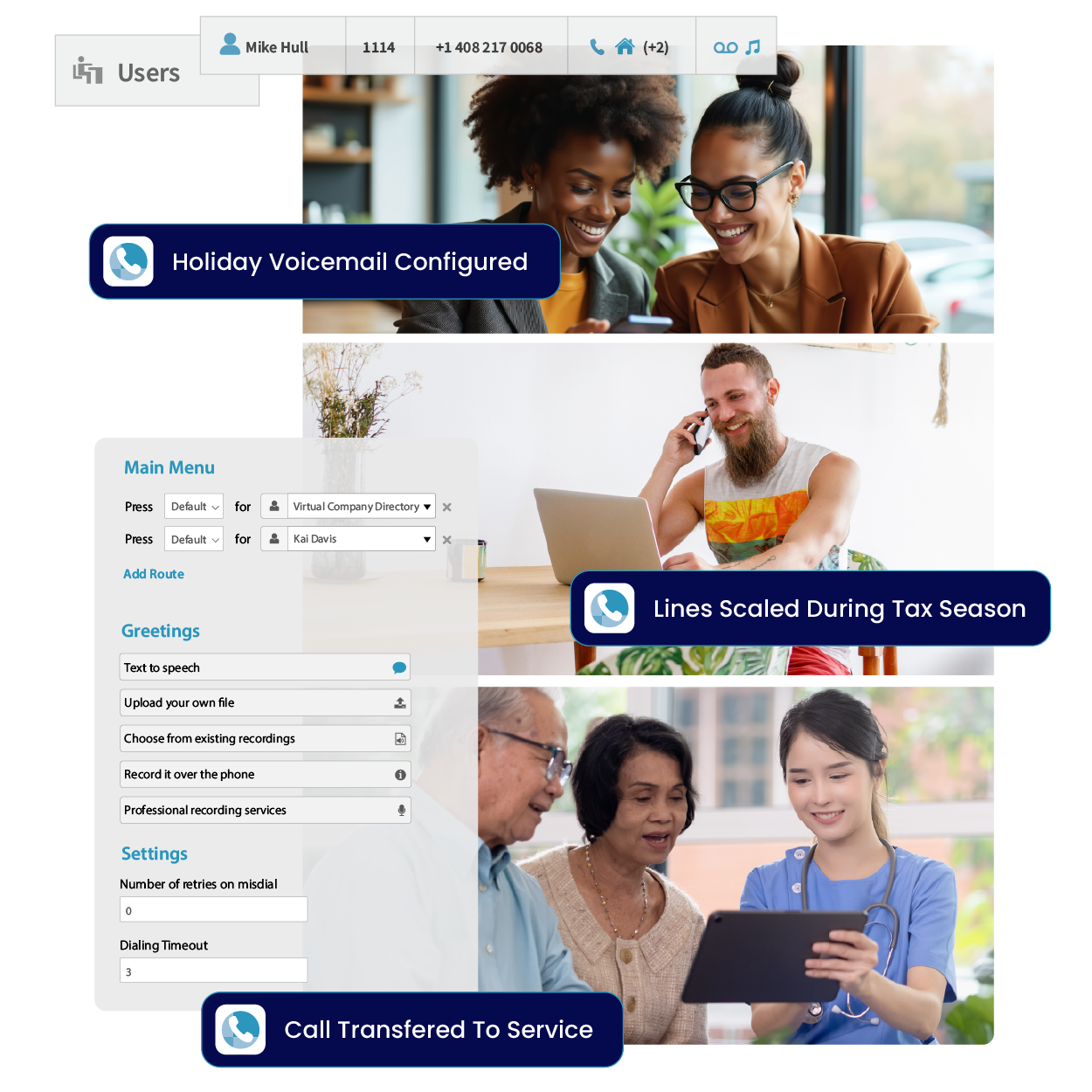Team members using Smarter Voice features like holiday voicemail, tax season scaling, and call transfer.