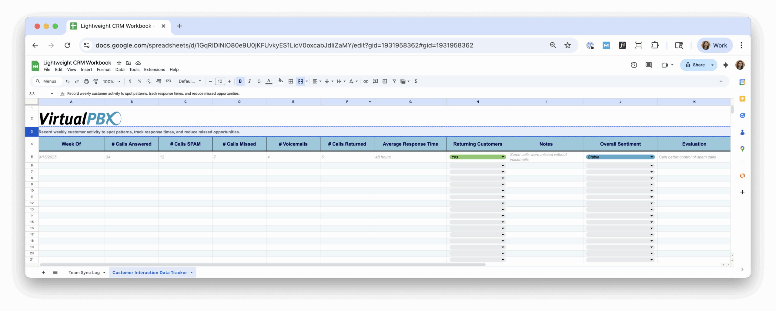 Use this free customer interaction log to gauge your weekly call volume, call types, response time, and sentiment. This can give you a bigger picture throughout the year of communication successes and pitfalls.