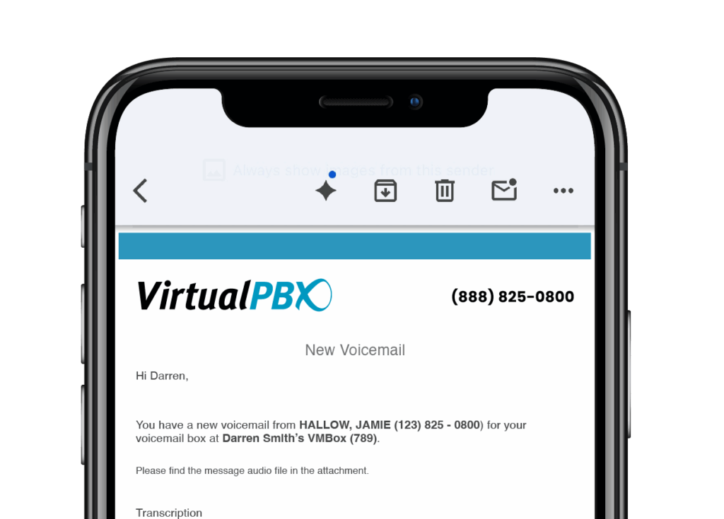 Mobile screen showing email inbox with voicemail-to-text transcription from VirtualPBX.
