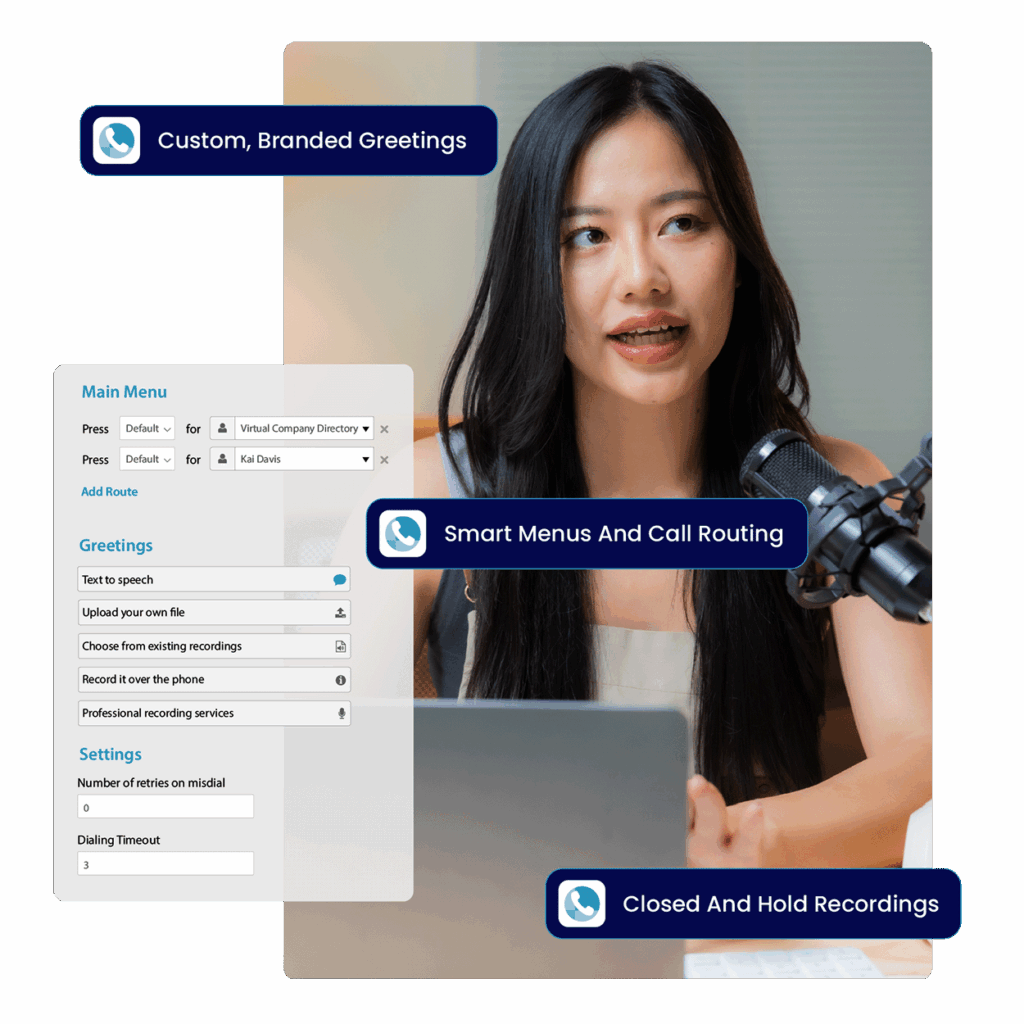VirtualPBX Business Phone virtual receptionist with phone menus, greetings, music, and more