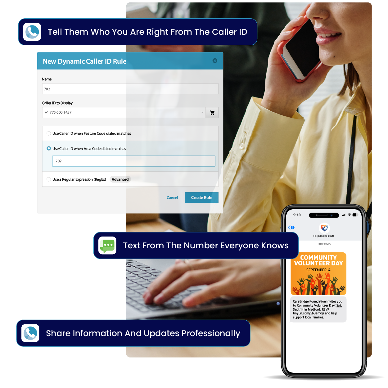 Not-for-profit using branded caller ID and text messages, showing how VirtualPBX helps organizations present a professional, trustworthy image.