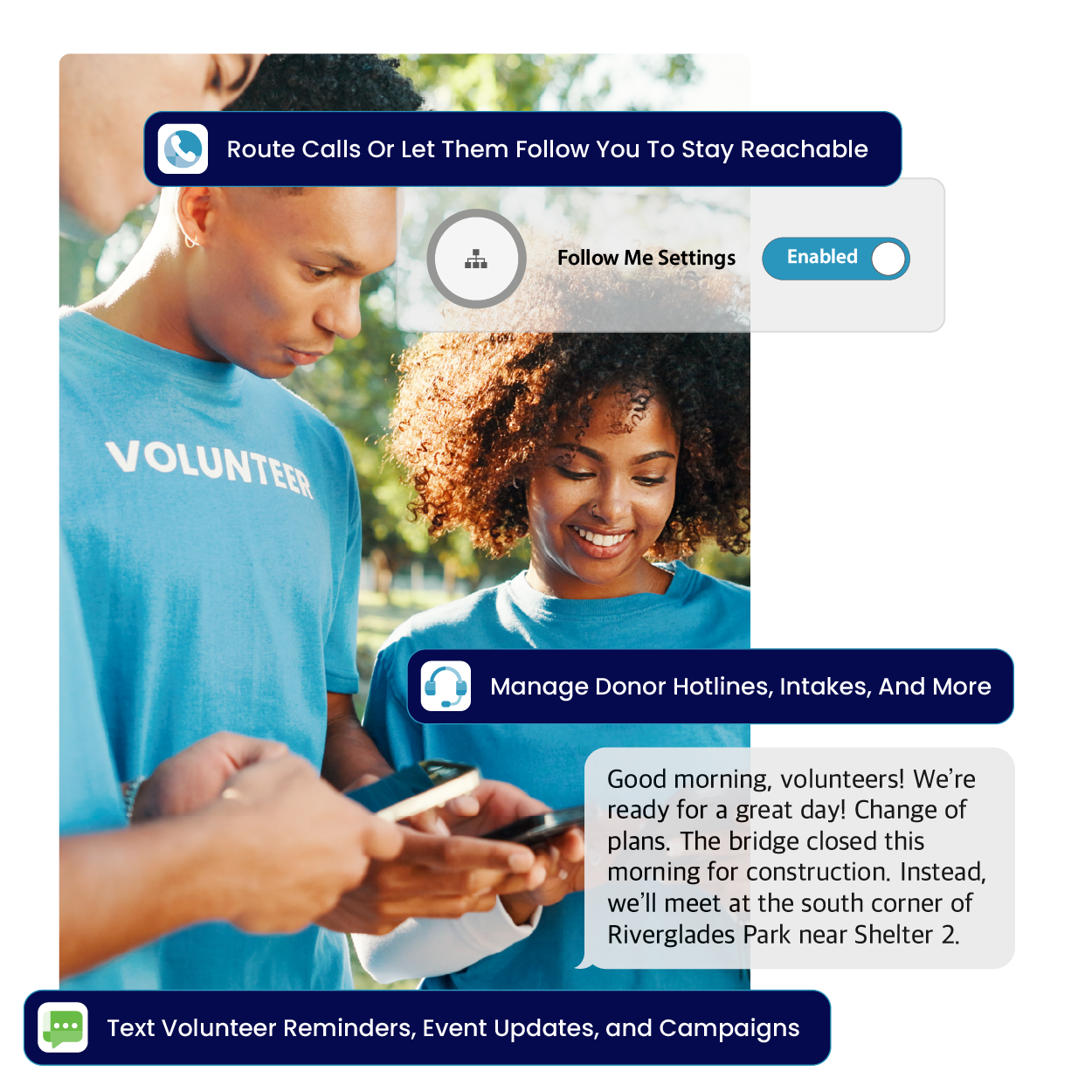 Nonprofit volunteers managing phones and messages flexibly, representing how VirtualPBX communication adapts to changing needs for fundraisers and community events.