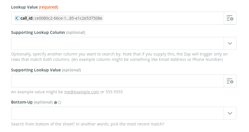 Zapier Tutorial - Call Received to Google Sheets - Select Lookup Value