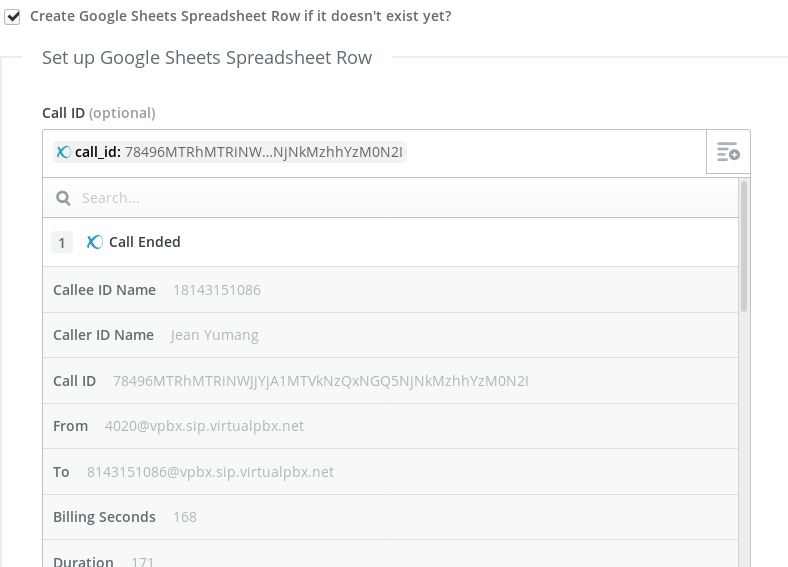 Zapier Tutorial - Call Received to Google Sheets - Change Mapping of Variables