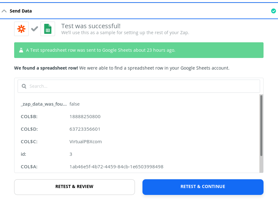 Zapier Tutorial - Call Received to Google Sheets - Test Your Zap