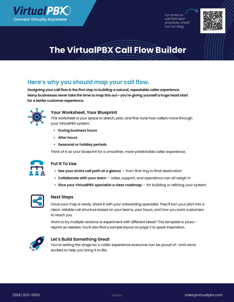 The VirtualPBX Call Flow Builder can help you start thinking through your call flow like a customer, building the customized experience you want every caller to receive when they interact with your brand. From holiday call menus and seasonal flows to everyday operations, the Call Flow Builder steps you through every piece.