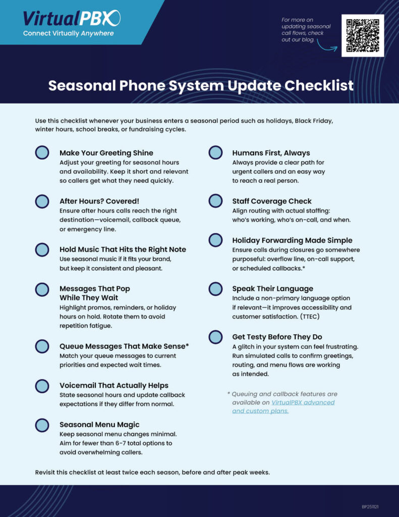 Use this checklist to update your holiday call menus, seasonal hours, changes in coverage, and more.
