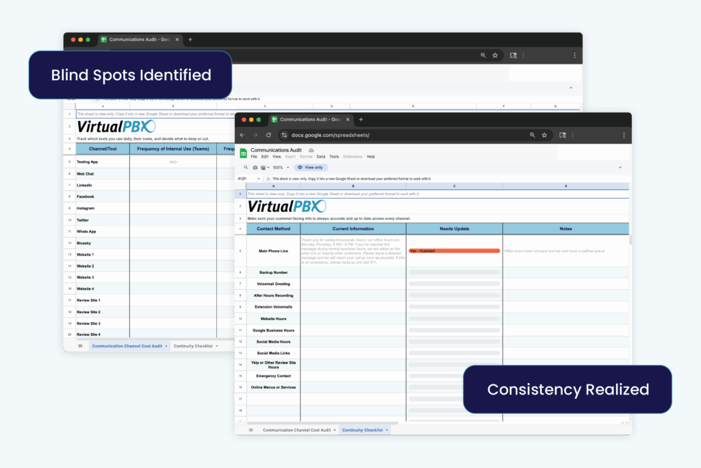 One of the first steps you can take for your SMB is auditing your communication channels. Is your messaging aligned? Does your voice sound consistent? Is your information consistent? Get the VirtualPBX Communications Audit free.
