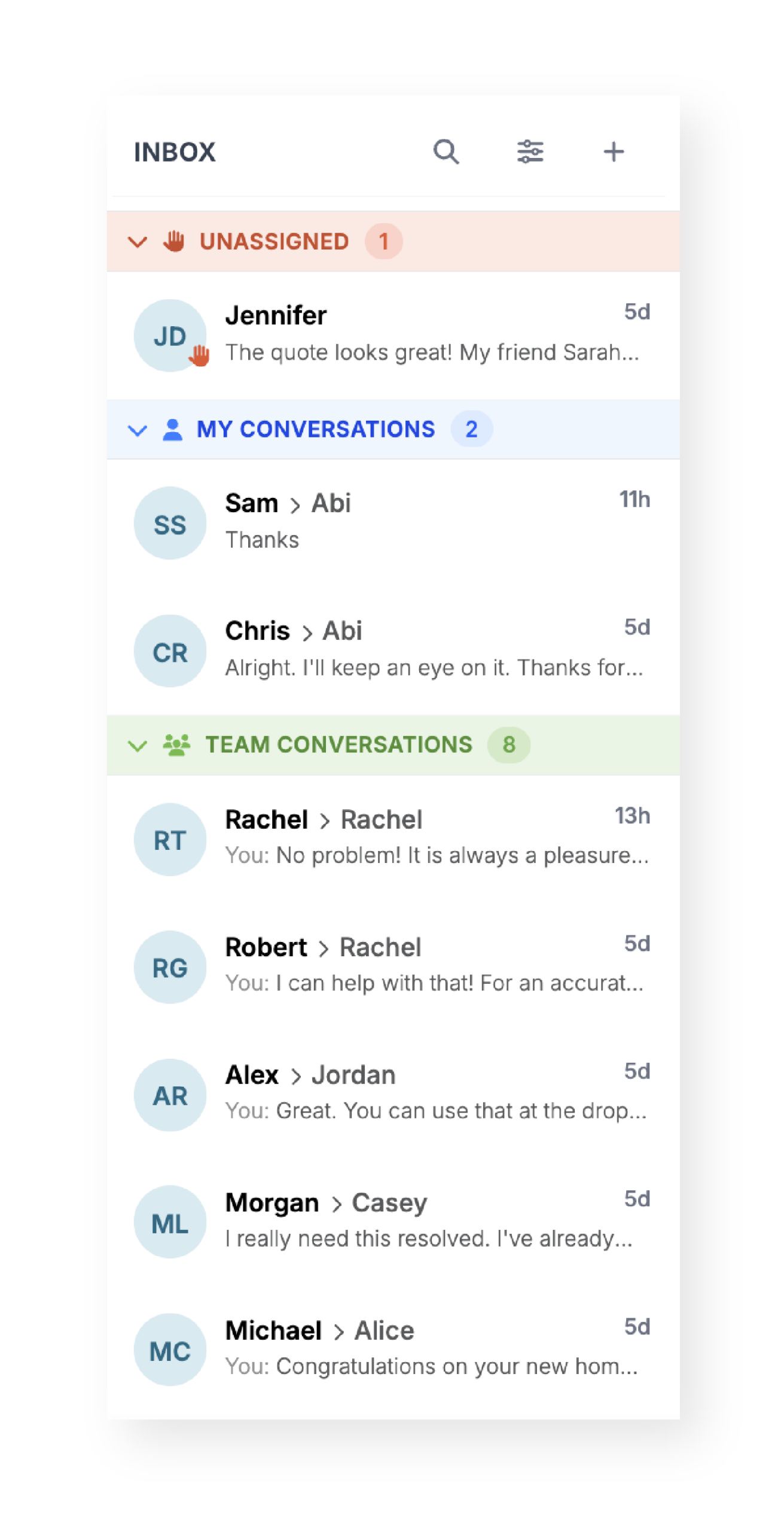 The VirtualText team inbox clearly defines conversation roles and responsibilities without inhibiting collaboration or escalating a conversation without clear context.