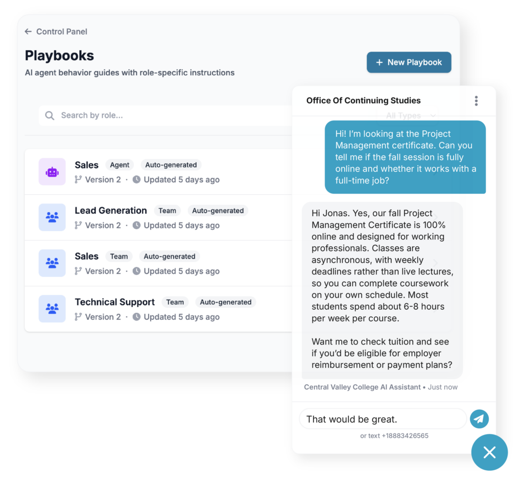 VirtualText AI agents respond and converse based on the information playbook you provide. You control the content, schedule, and structure of your integrated intelligence to unweight your people teams to be their very best with your customers.