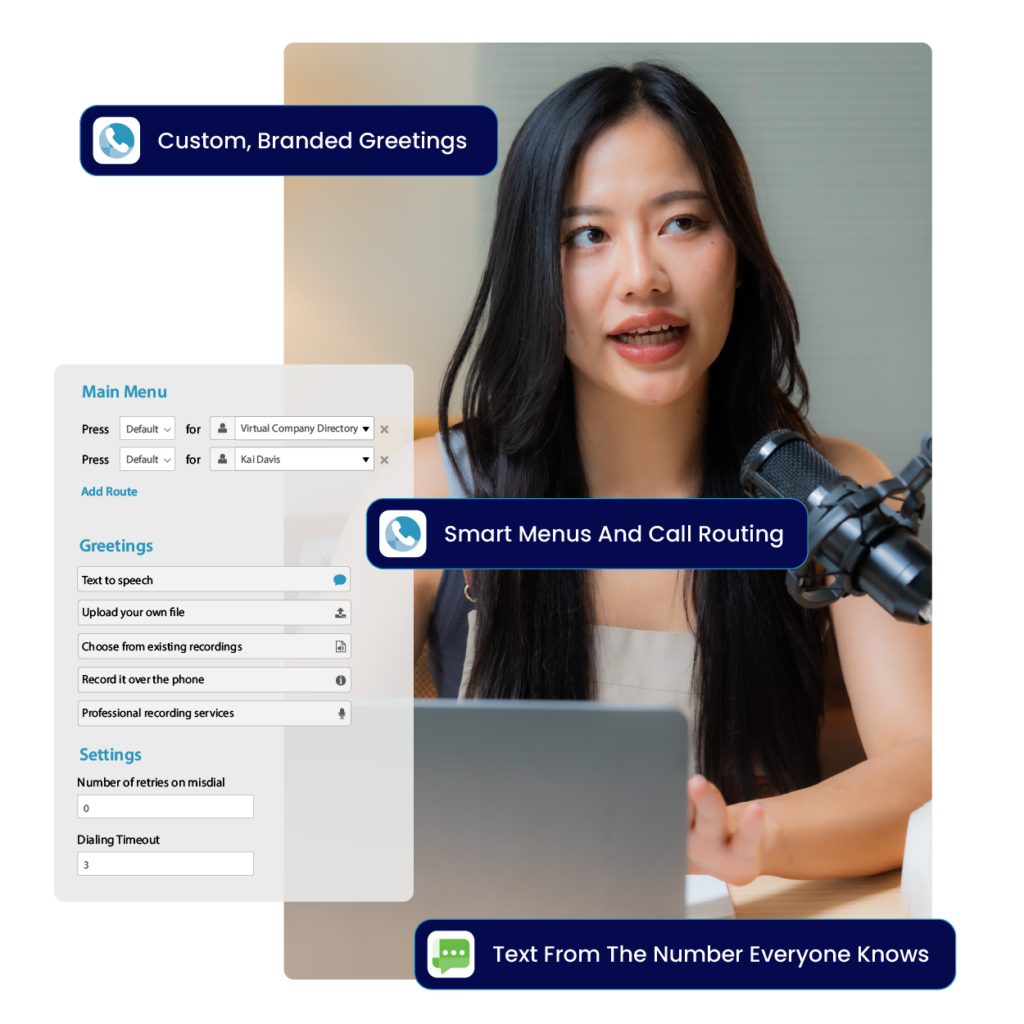 With VirtualPBX cloud-based VoIP applications, you can route calls and messages wherever the work is happening, show your business identity on calls and texts, update anything from greetings to hours to hold music in minutes, and reference playbook guidance to ensure consistency across your team.