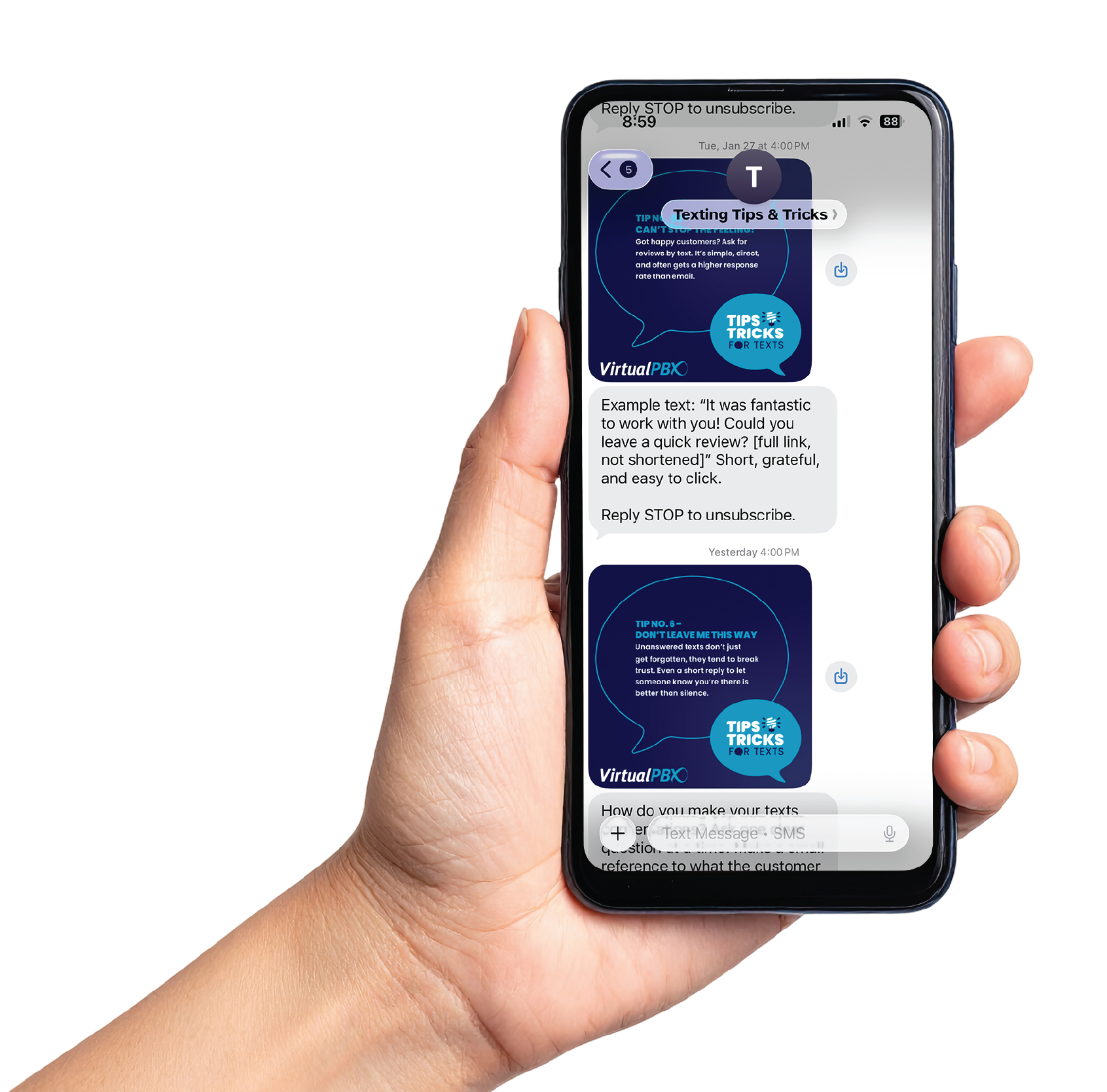 Get our Texting Tips & Tricks right to your phone every 2 weeks for little ideas you can do to engage your customers via SMS. Ready to start texting? Have a library of prompts and ideas at your fingertips.