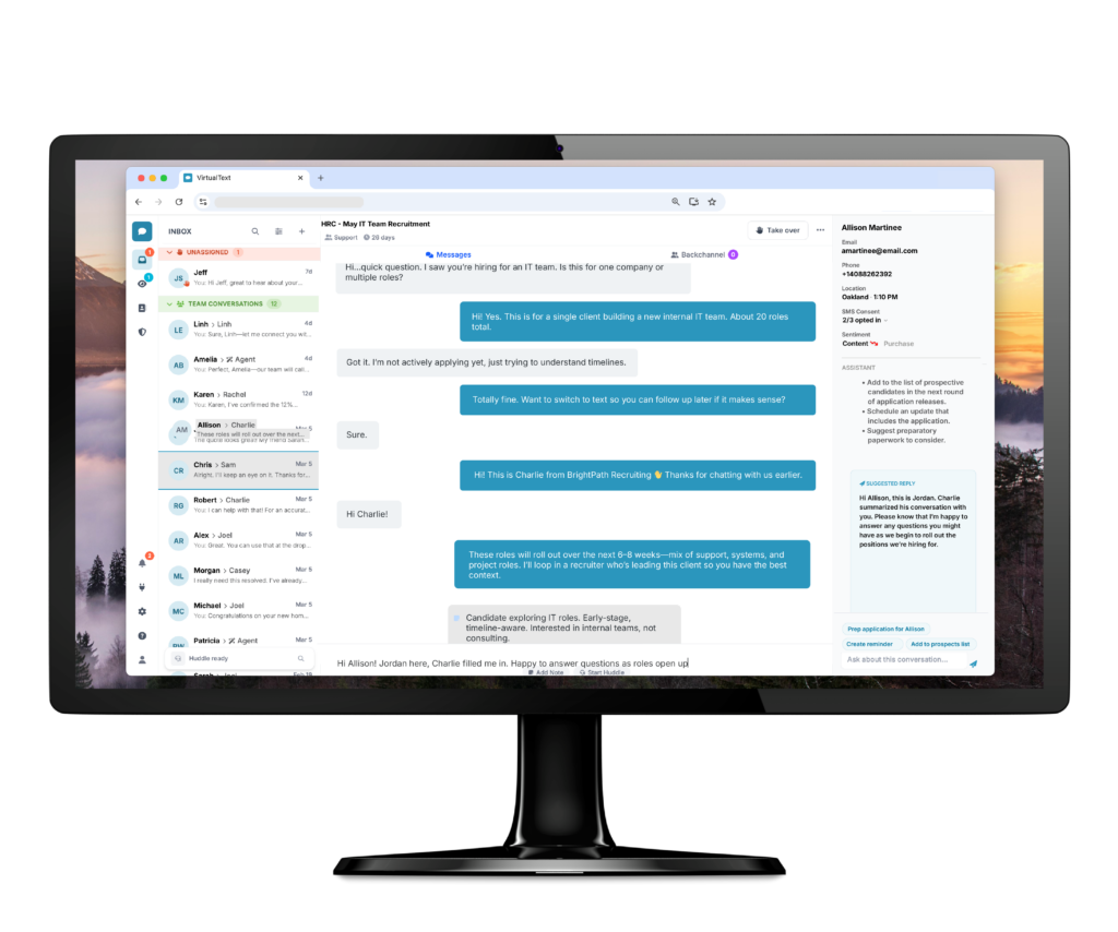 VirtualText brings all your customer messages—web chat, SMS, and calls—into one streamlined, intelligent inbox so your team never misses a beat.
