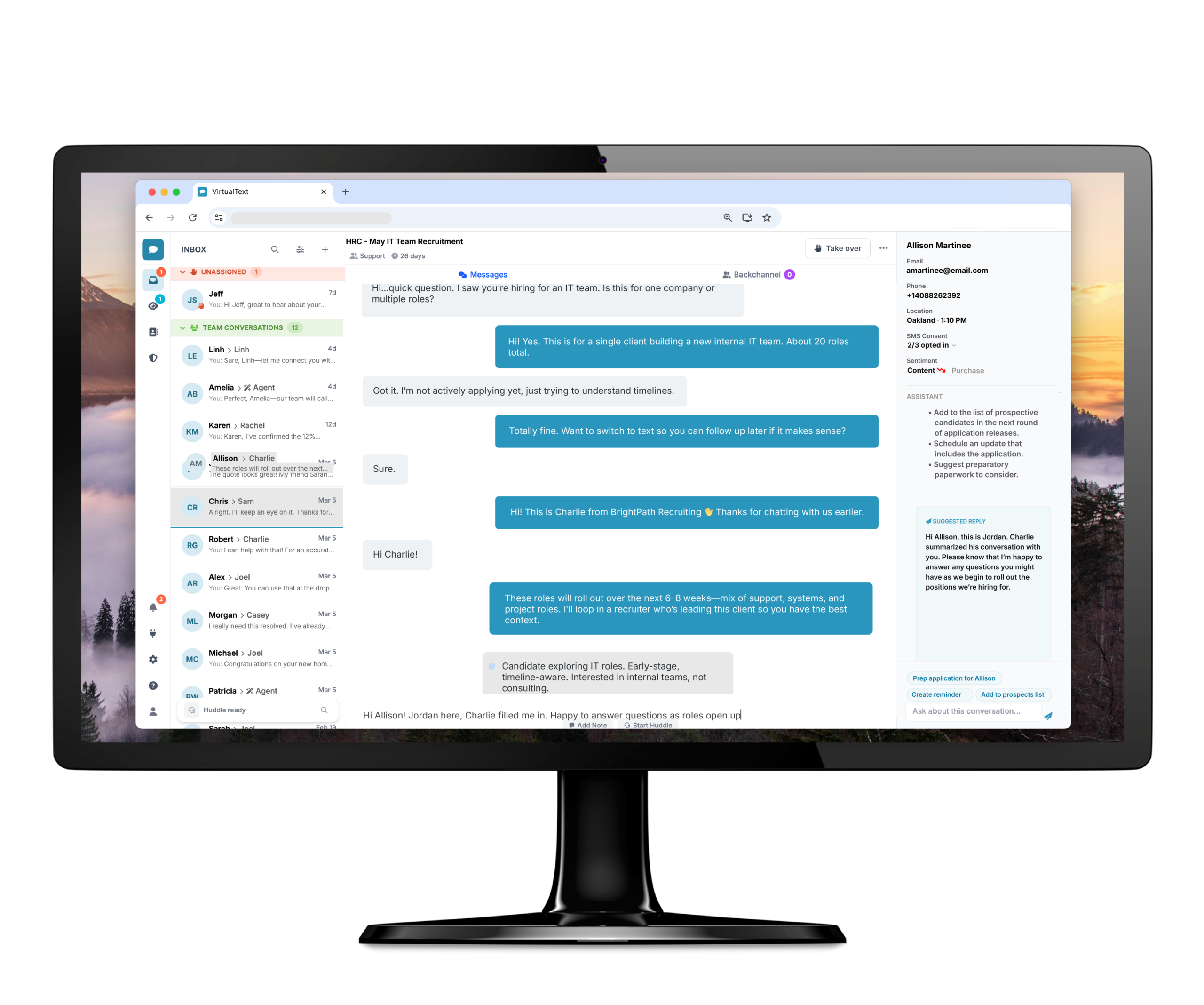 VirtualText brings all your customer messages—web chat, SMS, and calls—into one streamlined, intelligent inbox so your team never misses a beat.