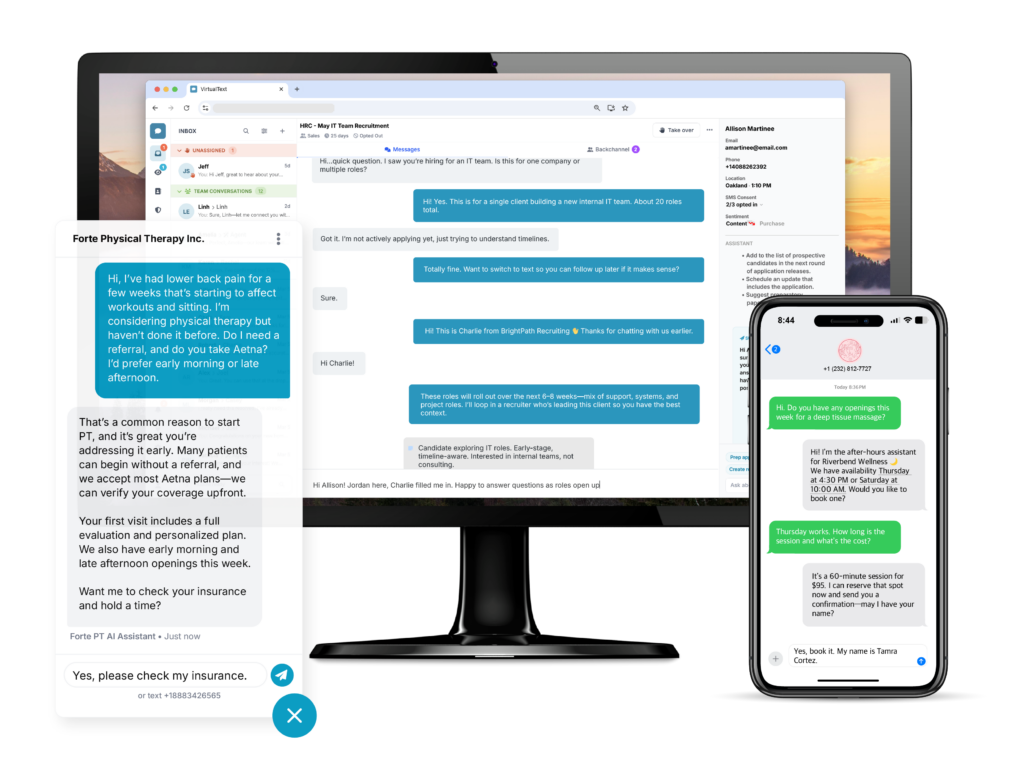 Built for teams, VirtualText is a shared inbox for SMS and web chat that keeps customer texts and chats organized so nothing slips through the cracks.