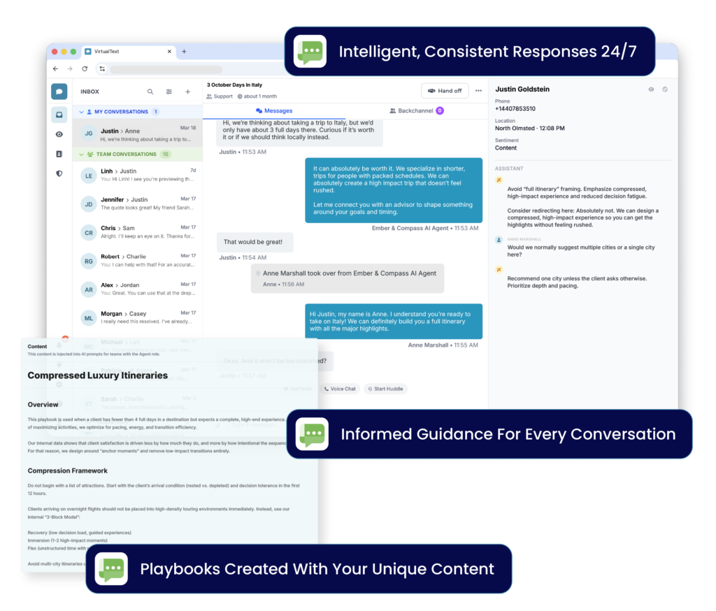 VirtualPBX VirtualText Connect uses AI playbooks, AI chat agents, and an AI assistant to deliver instant responses, guide human agents, and ensure accurate, on-brand customer communication via SMS and Webchat.