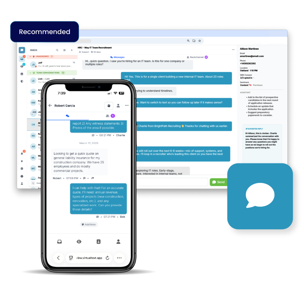 A modern business messaging app that combines SMS, MMS, and web chat in a shared team inbox, with AI agents and tools to manage conversations from your browser.