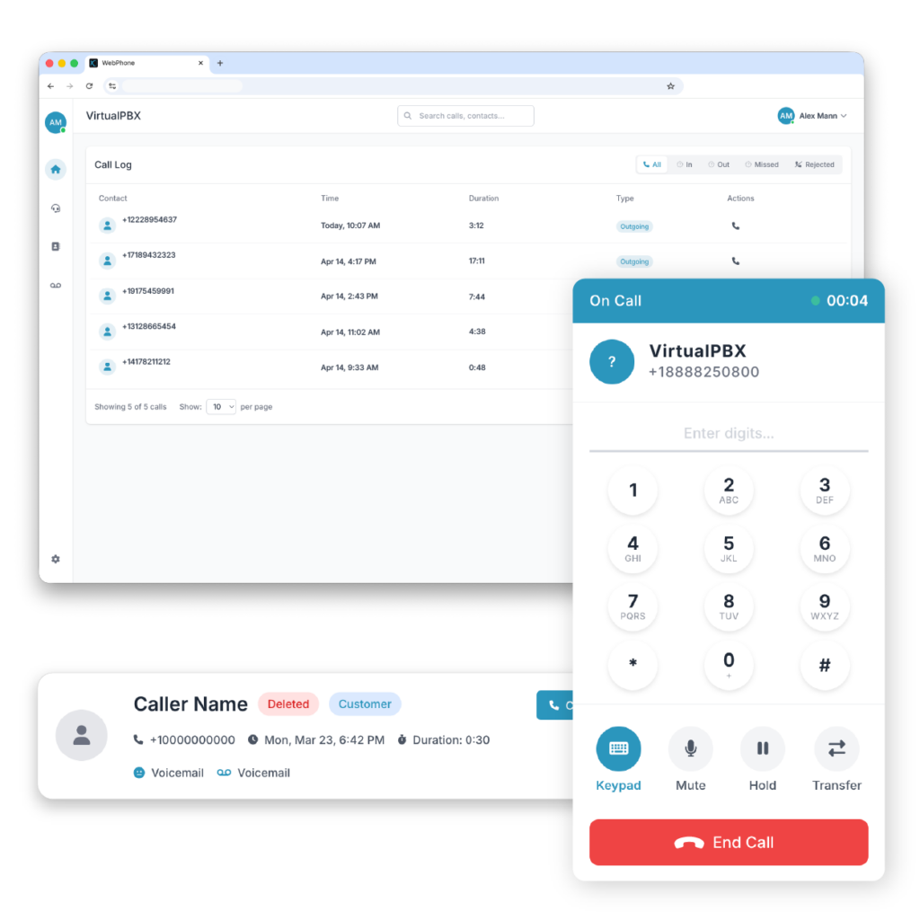 A browser-based business phone app that lets you make business calls from the internet with full desk phone functionality—no download required.