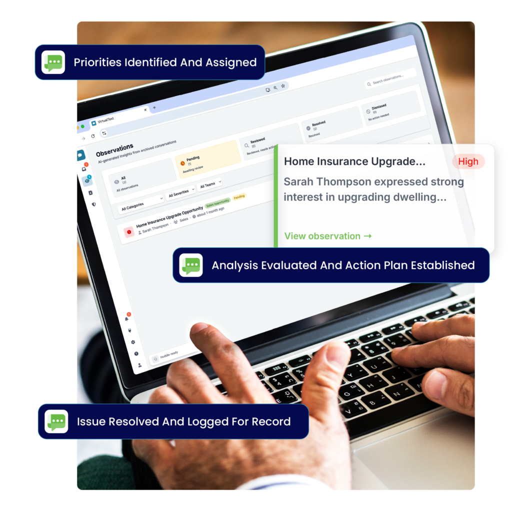 Know how to prioritize support conversations without manual review. Observations use AI conversation analysis to surface the right moments and guide your team toward the right response.