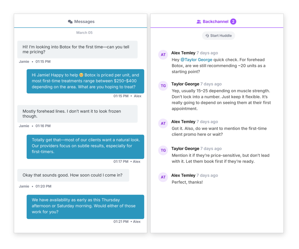 Backchannel is an inbox collaboration tool that adds internal chat directly inside customer conversations. It keeps internal notes and internal comments connected to the thread so teams can collaborate in real time without losing context.