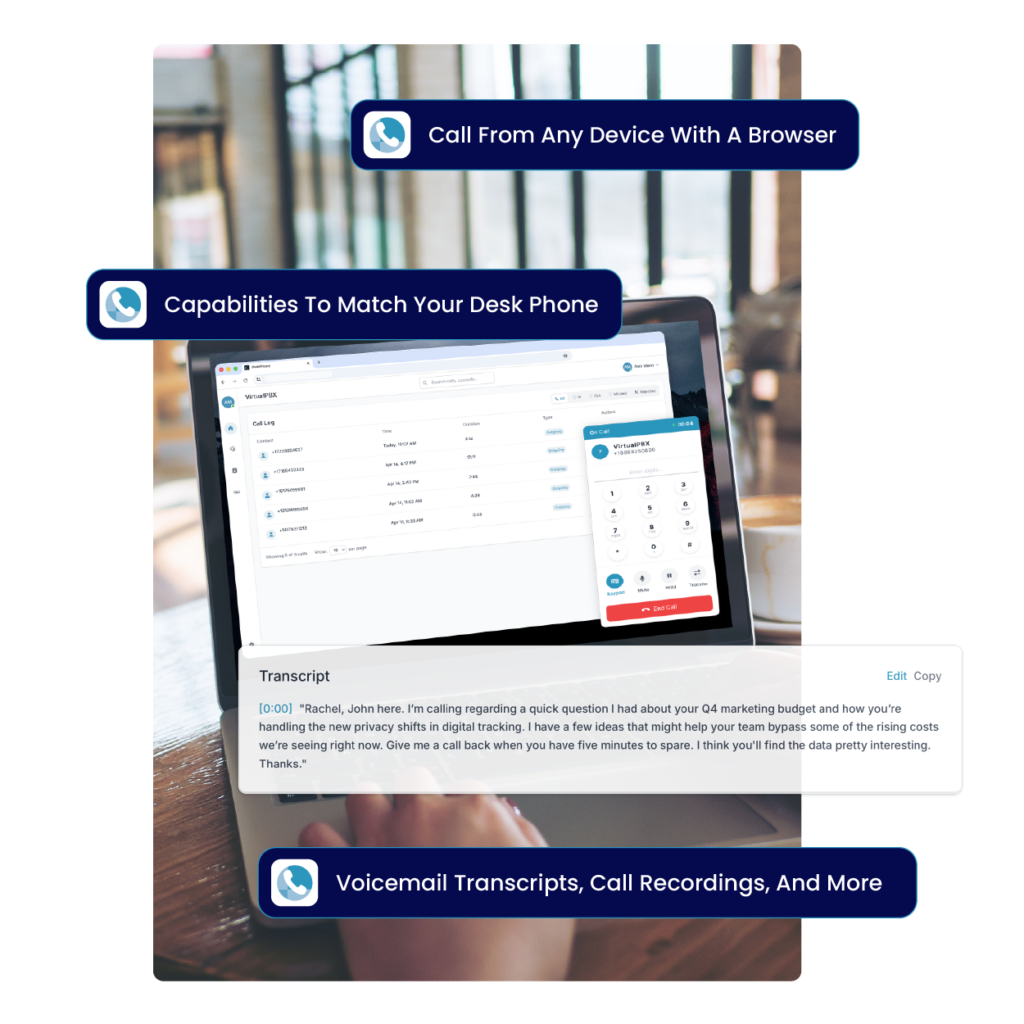 The VirtualPBX Web Phone allows you to make business calls right from your browser, making remote business calling simple and seamless.