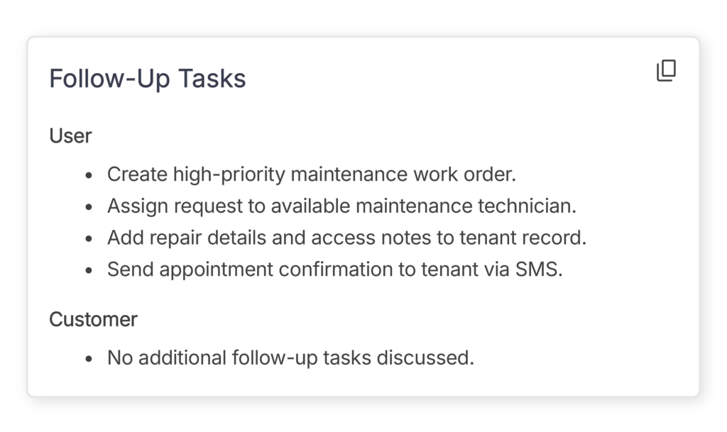 Call-based task generation showing business phone AI extracting action items and follow-up steps from conversation transcript
