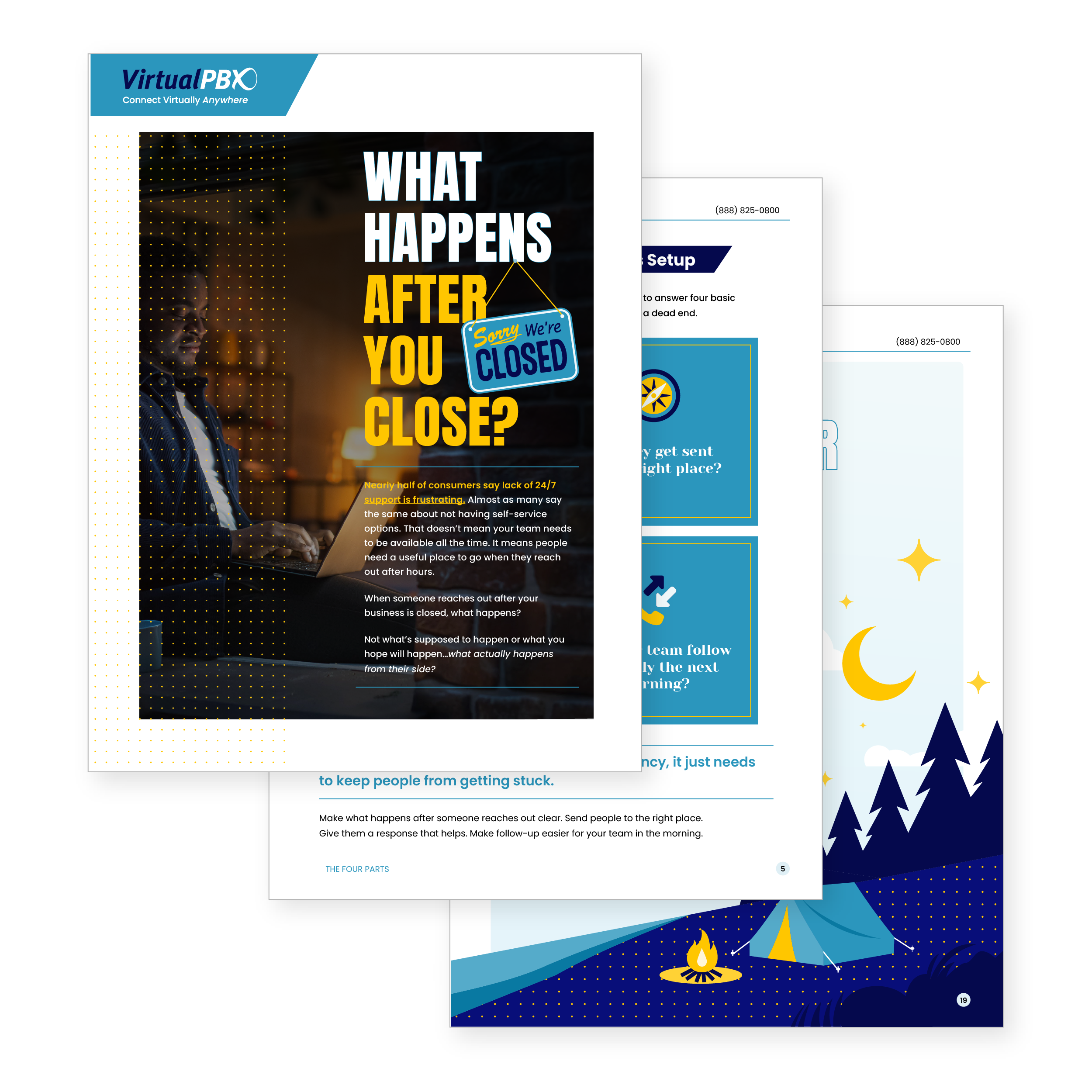 A digital mockup of the downloadable VirtualPBX guide titled What Happens After You Close covering auto attendant setups and scheduling blueprints.