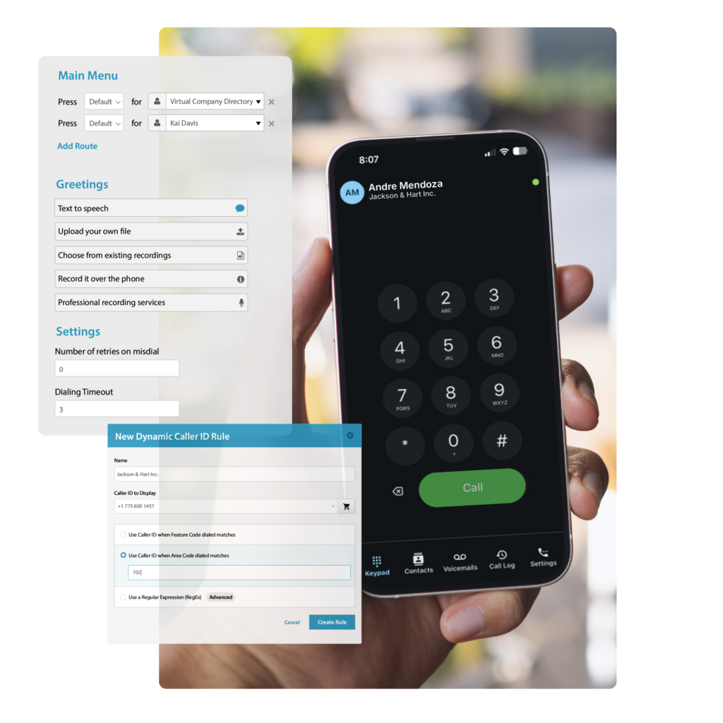 Smartphone interface showing an incoming business call next to dashboard modules for setting up main menus, custom greetings, and caller ID routing rules.