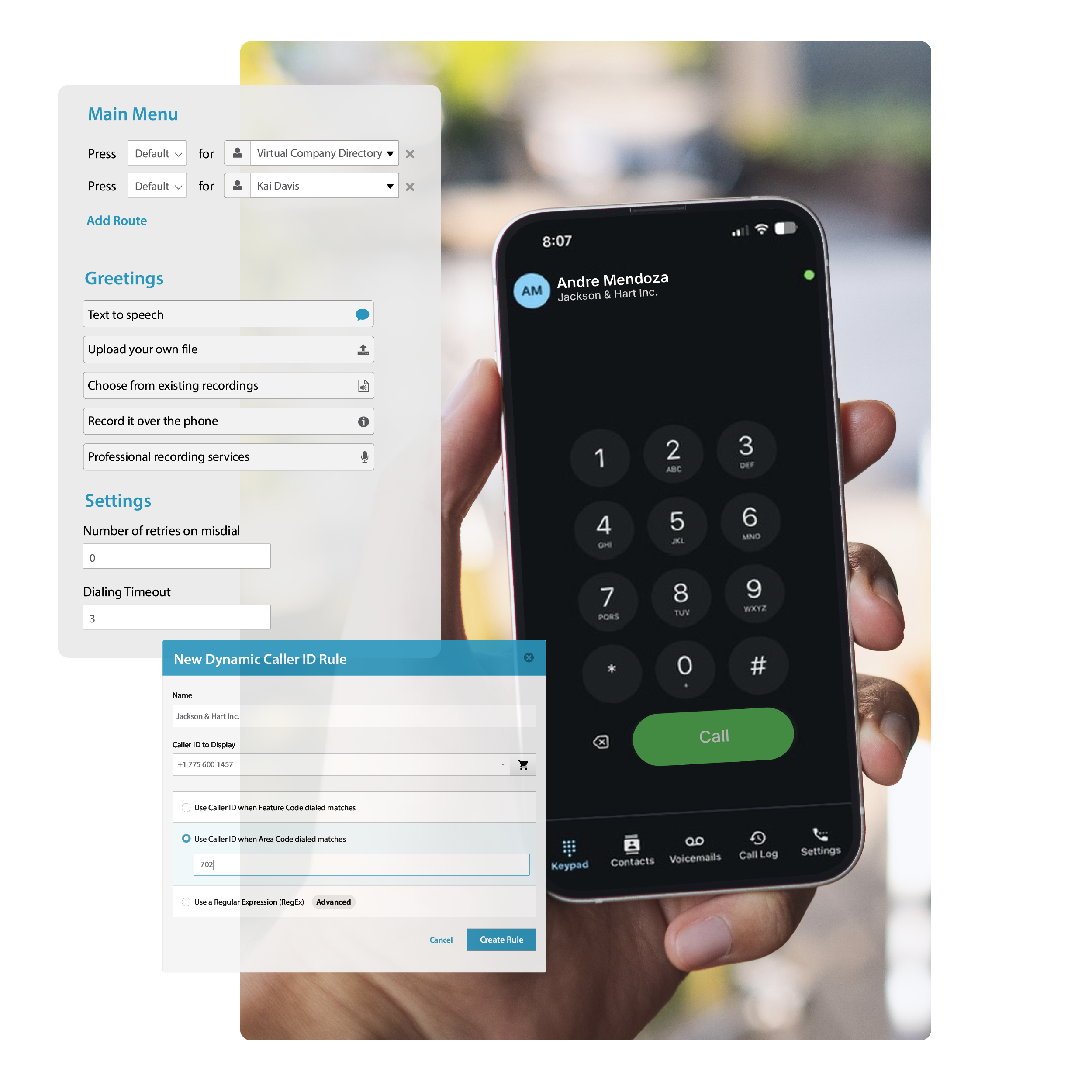 Smartphone interface showing an incoming business call next to dashboard modules for setting up main menus, custom greetings, and caller ID routing rules.