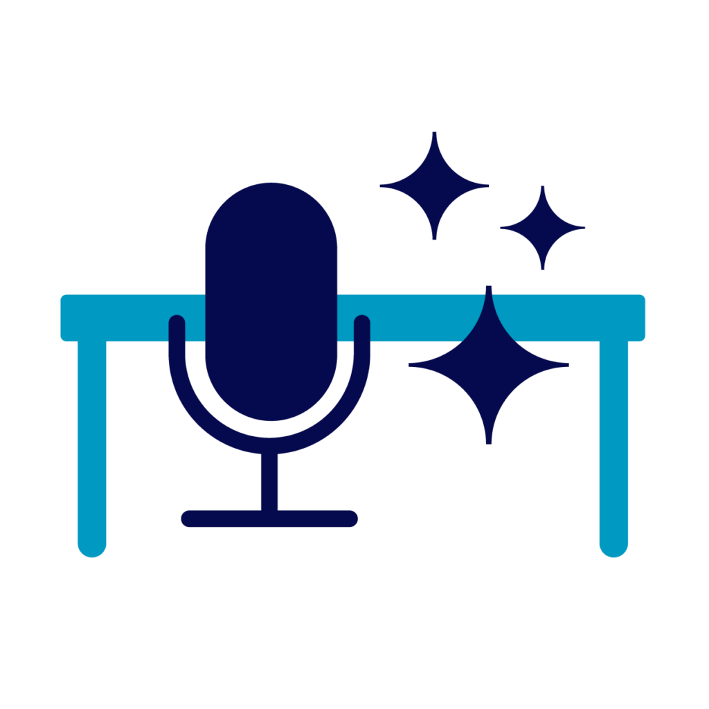 Microphone and office desk icon with sparkles, representing the AI FrontDesk receptionist add-on.